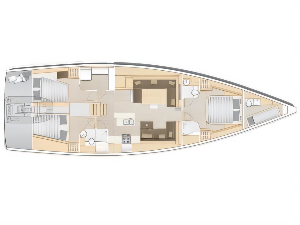 Layout of Hanse 588 sail boat with 4 cabins Croatia yacht charter
