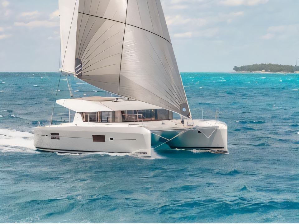 Exterior overview of Lagoon 42 catamaran for charter from Sibenik Marina Mandalina in the Sibenik sailing area Croatia