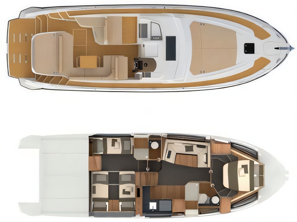 Layout of Azimut 43 motor boat with 2 cabins Croatia yacht charter