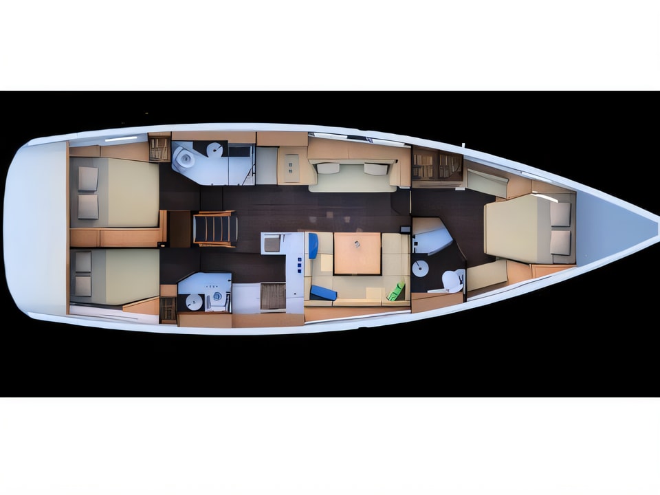 Layout of Jeanneau 51 sail boat with 3 cabins Croatia yacht charter