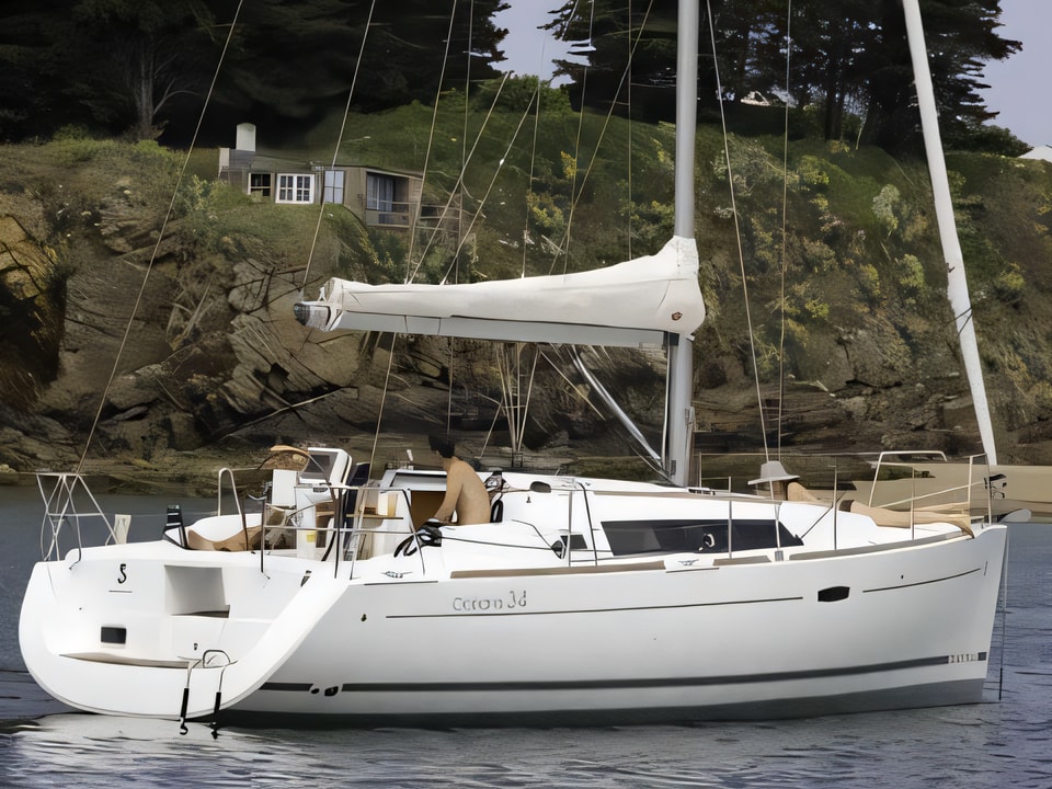 Exterior overview of Oceanis 34 sail boat for charter from Zaton Sibenski in the Sibenik sailing area Croatia