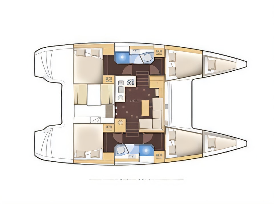 Layout of Lagoon 39 catamaran with 6 cabins Croatia yacht charter