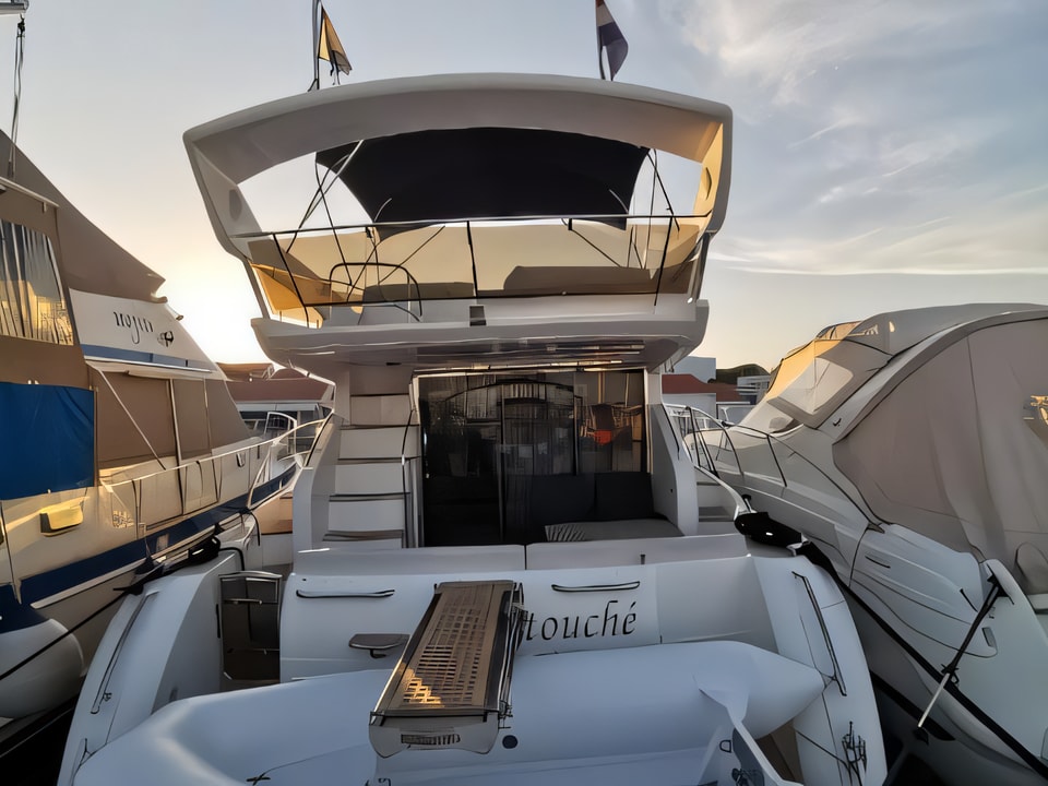 Exterior overview of Princess 42 motor boat for charter from Podstrana Marina Lav in the Split sailing area Croatia