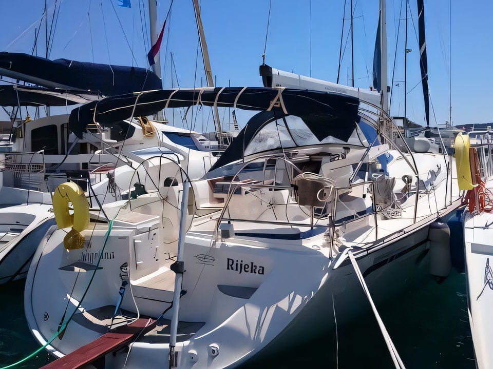 Exterior overview of Bavaria 50 sail boat for charter from Primosten Marina Kremik in the Sibenik sailing area Croatia