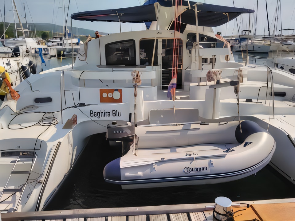 Exterior overview of Lavezzi 40 catamaran for charter from Primosten Marina Kremik in the Sibenik sailing area Croatia