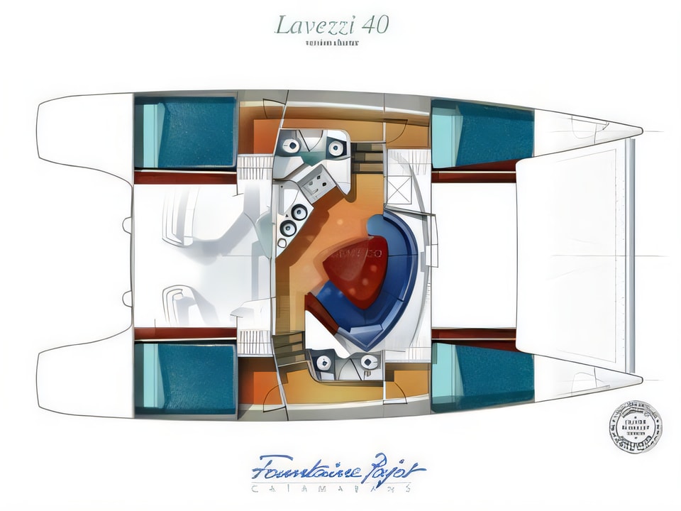 Layout of Lavezzi 40 catamaran with 4 cabins Croatia yacht charter