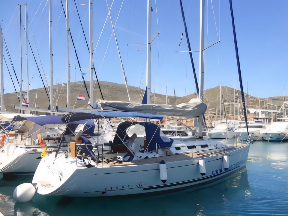 Exterior overview of First 40.7 sail boat for charter from Krk Marina Punat in the Istria / Kvarner sailing area Croatia