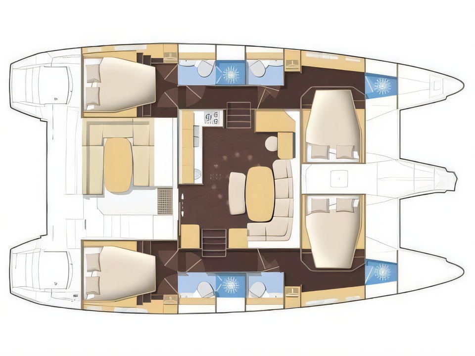Layout of Lagoon 420 catamaran with 5 cabins Croatia yacht charter