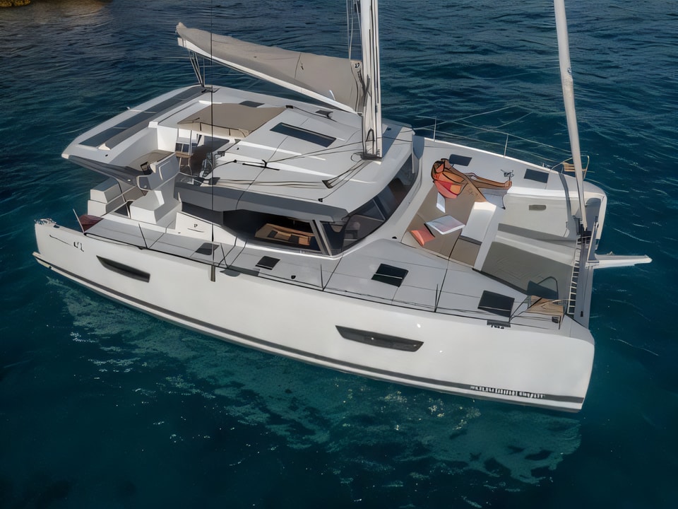 Exterior overview of Astrea 42 catamaran for charter from Sukosan Marina Dalmacija in the Zadar sailing area Croatia