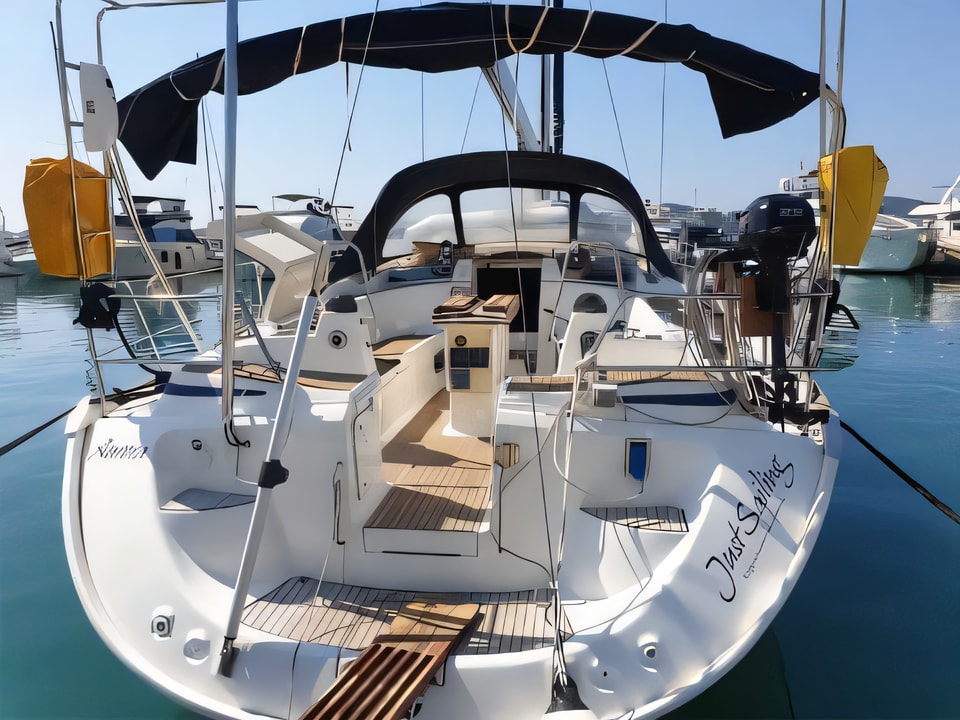 Exterior overview of Bavaria 50 sail boat for charter from Primosten Marina Kremik in the Sibenik sailing area Croatia