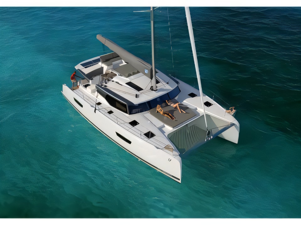 Exterior overview of Saona 47 quintet catamaran for charter from Seget Donji Marina Baotic in the Split sailing area Croatia