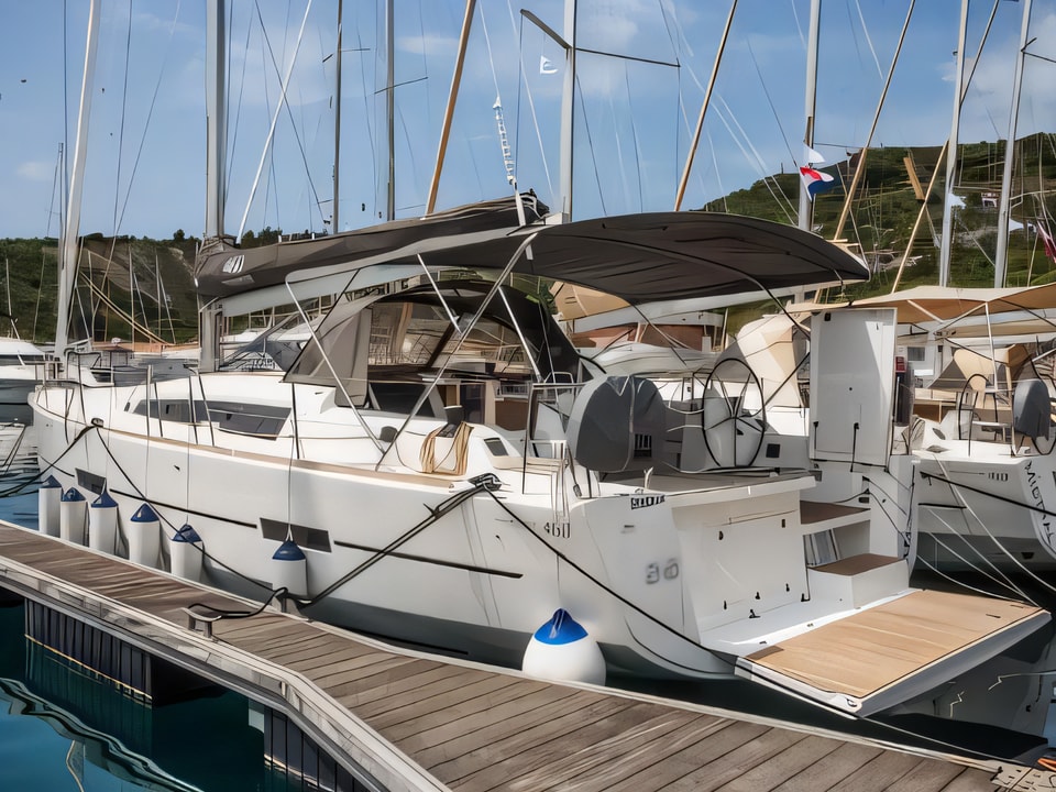 Exterior overview of Dufour 460 Grand Large sail boat for charter from Primosten Marina Kremik in the Sibenik sailing area Croatia