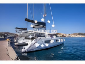 Exterior overview of Lagoon 46 catamaran for charter from Rogoznica Marina Frapa in the Split sailing area Croatia