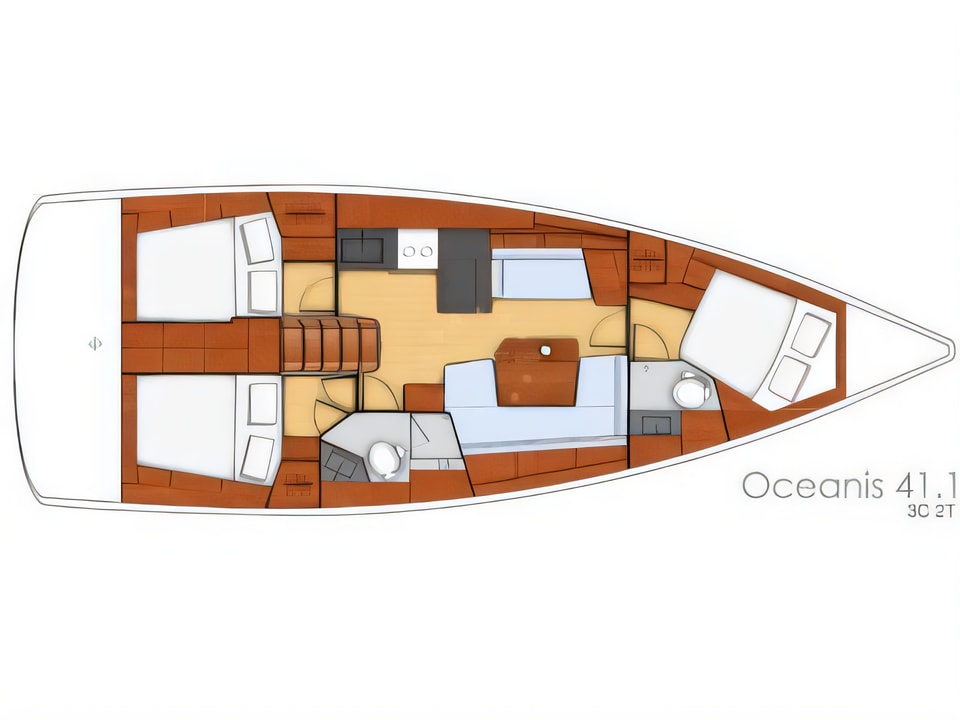 Layout of Oceanis 41.1 sail boat with 3 cabins Croatia yacht charter