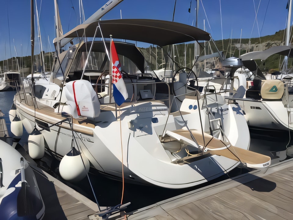 Exterior overview of Sun Odyssey 42DS sail boat for charter from Primosten Marina Kremik in the Sibenik sailing area Croatia