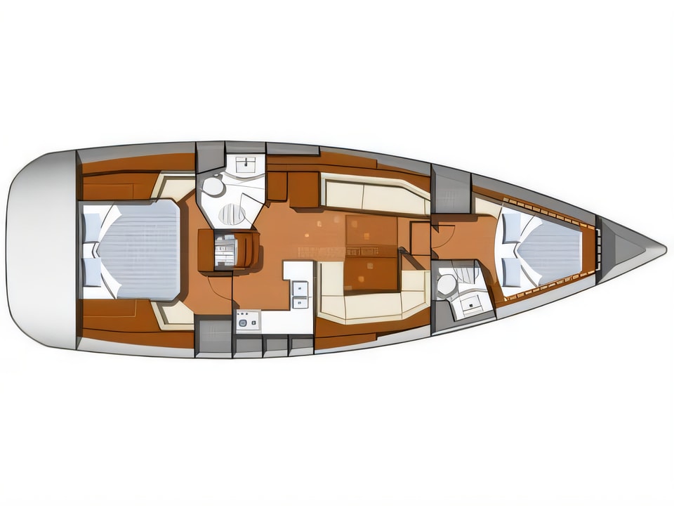 Layout of Sun Odyssey 42DS sail boat with 2 cabins Croatia yacht charter
