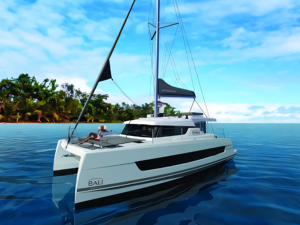 Exterior overview of Bali Catspace catamaran for charter from Split ACI Marina in the Split sailing area Croatia
