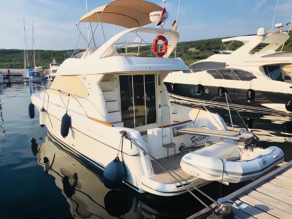 Exterior overview of Prestige 36 Fly motor boat for charter from Krk Marina Punat in the Istria / Kvarner sailing area Croatia