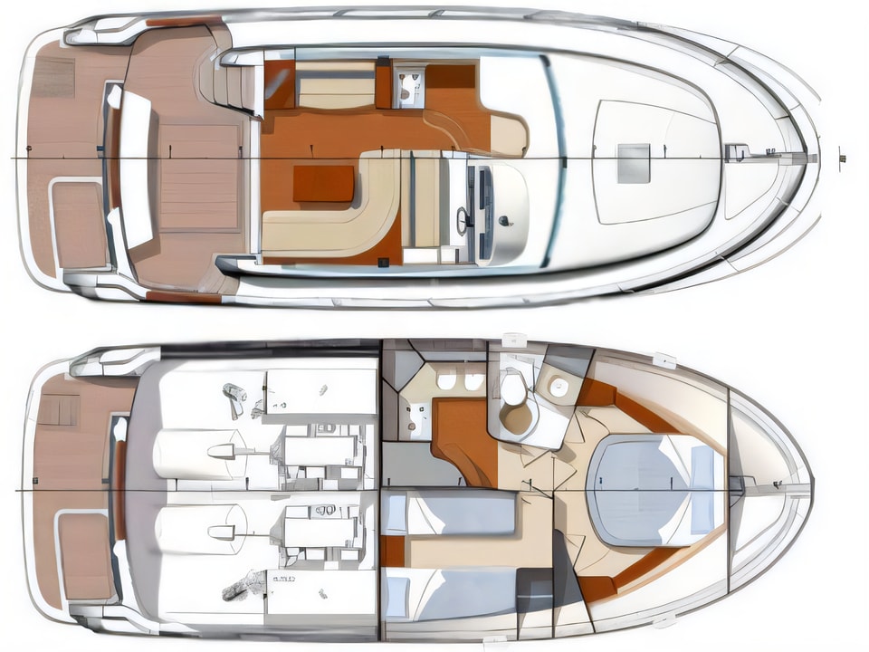 Layout of Prestige 36 Fly motor boat with 2 cabins Croatia yacht charter