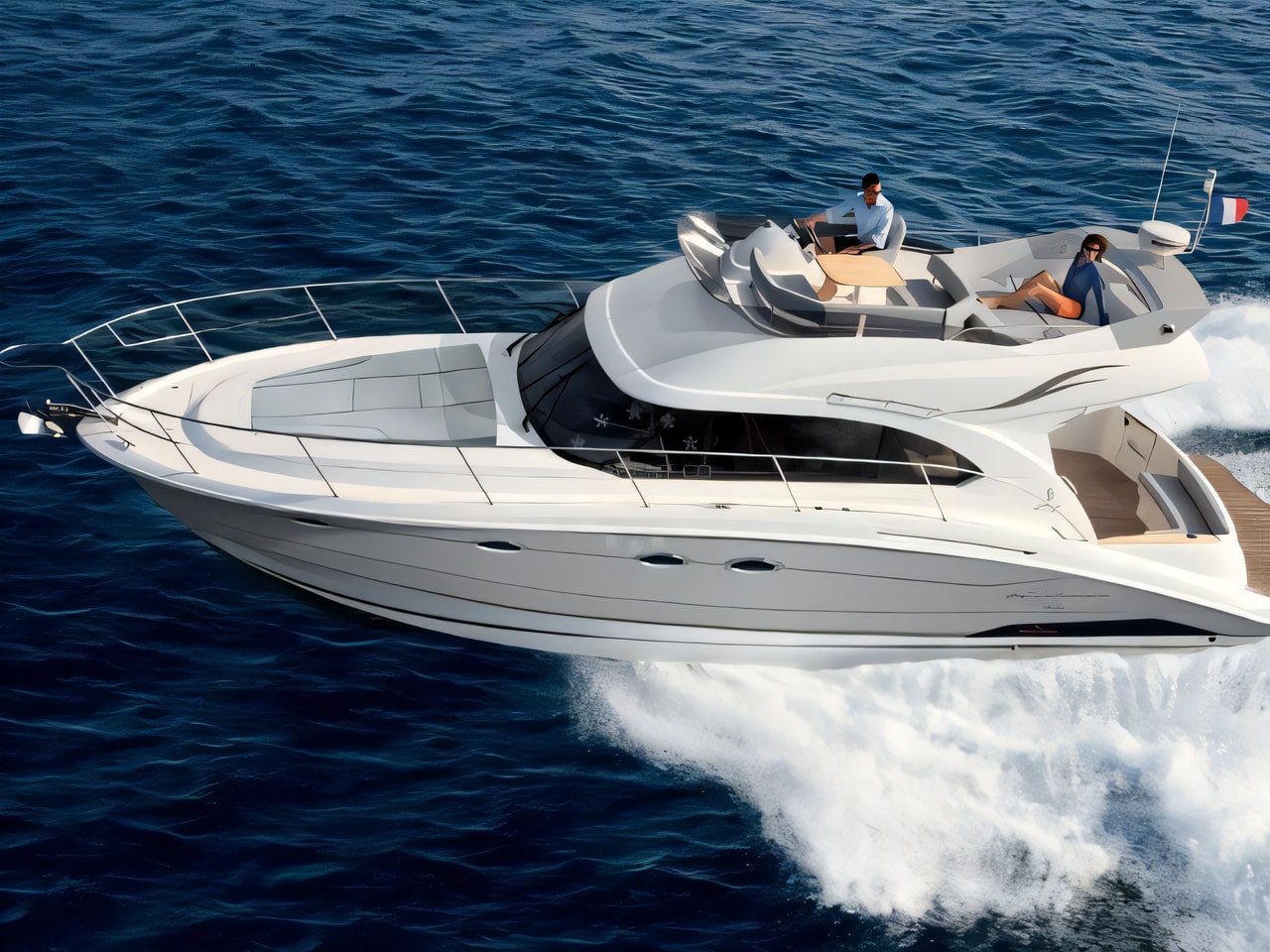 Exterior overview of Antares 42 Fly motor boat for charter from Krk Marina Punat in the Istria / Kvarner sailing area Croatia