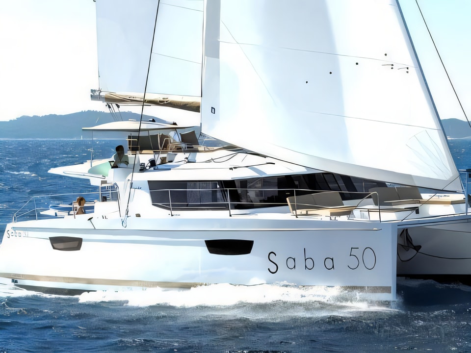 Exterior overview of Saba 50 catamaran for charter from Split ACI Marina in the Split sailing area Croatia