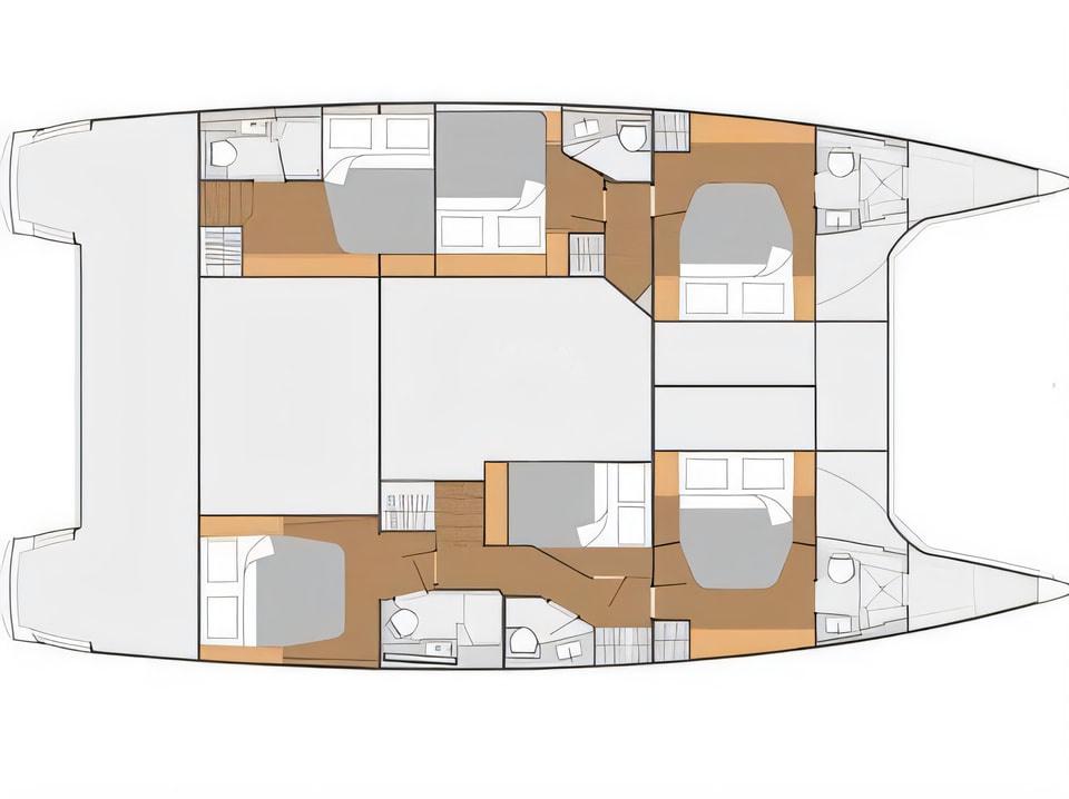 Layout of Saba 50 catamaran with 6 cabins Croatia yacht charter