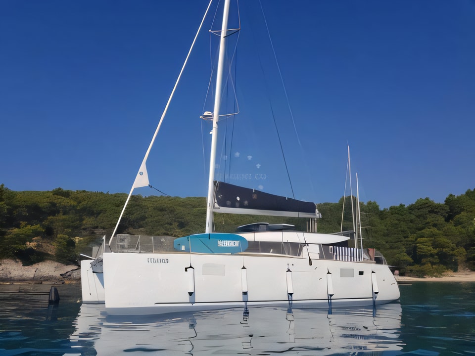 Exterior overview of Lagoon 450 Sport Luxury (equipped with A / C, radar, sonar, solar, el. toilets, el. winch, generator, dishwasher etc.) catamaran for charter from Sukosan Marina Dalmacija in the Zadar sailing area Croatia