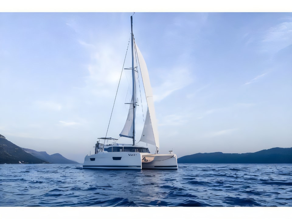 Exterior overview of Astrea 42 catamaran for charter from Slano ACI Marina in the Dubrovnik sailing area Croatia