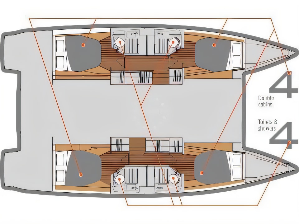 Layout of Astrea 42 catamaran with 4 cabins Croatia yacht charter