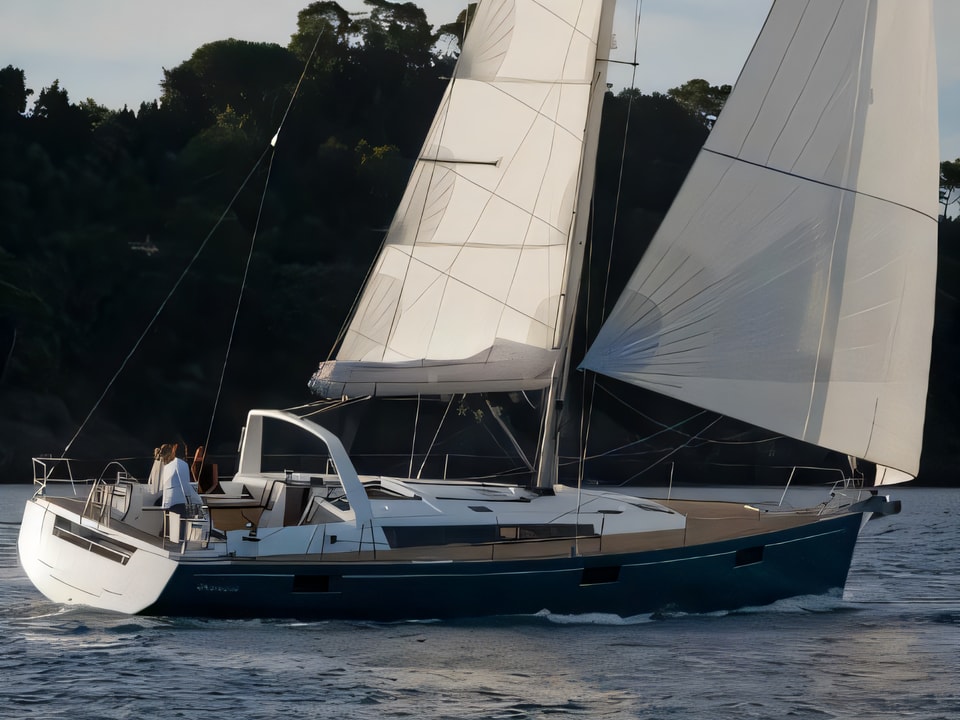 Exterior overview of Oceanis 48 sail boat for charter from Kastela Gomilica Marina in the Sibenik sailing area Croatia