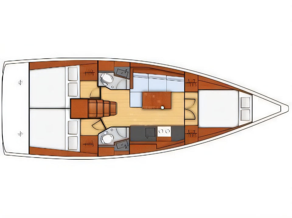 Layout of Oceanis 38.1 sail boat with 3 cabins Croatia yacht charter