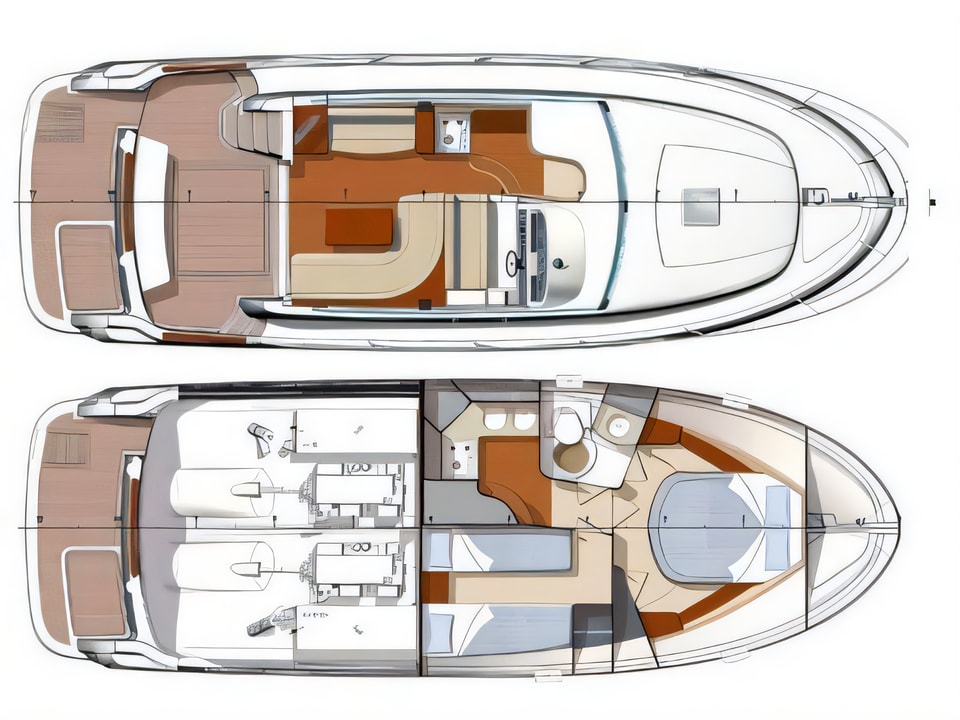 Layout of Prestige 36 Fly motor boat with 2 cabins Croatia yacht charter