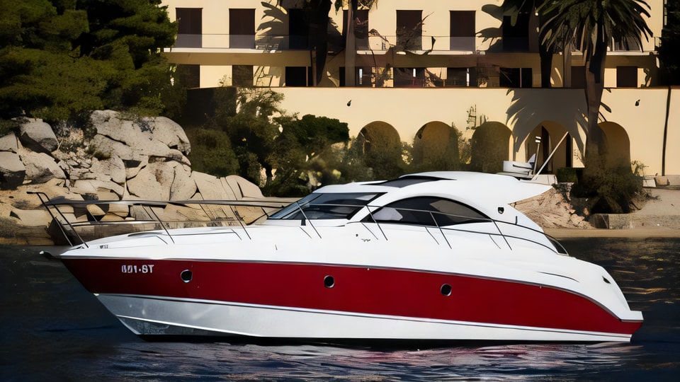 Exterior overview of Monte Carlo 37 Hard Top motor boat for charter from Krk Marina Punat in the Istria / Kvarner sailing area Croatia