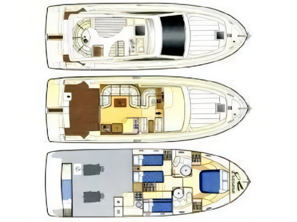 Layout of Ferretti 460 motoryacht with 3 cabins Croatia yacht charter