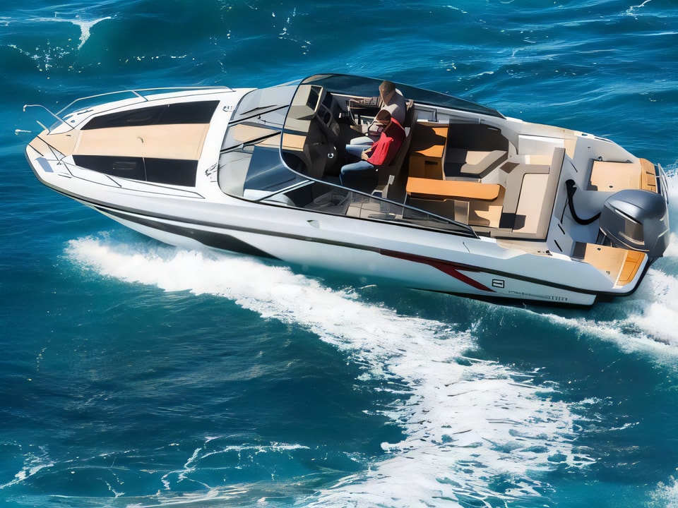 Exterior overview of Finnmaster T8 motor boat for charter from SCT Marina Trogir in the Split sailing area Croatia