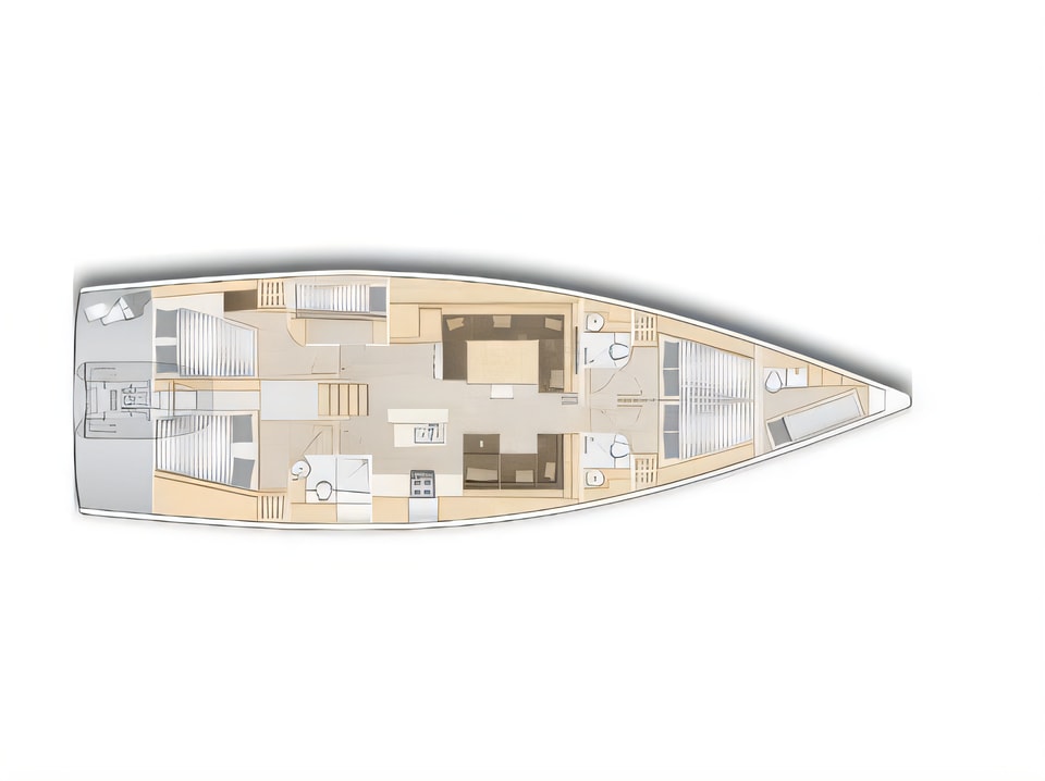 Layout of Hanse 588 sail boat with 6 cabins Croatia yacht charter