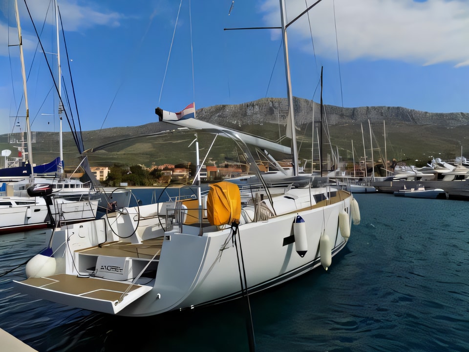 Exterior overview of Hanse 495 sail boat for charter from Kastela Gomilica Marina in the Sibenik sailing area Croatia