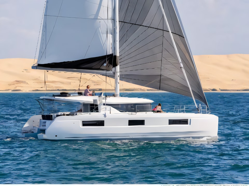 Exterior overview of Lagoon 46 catamaran for charter from Kastela Gomilica Marina in the Sibenik sailing area Croatia