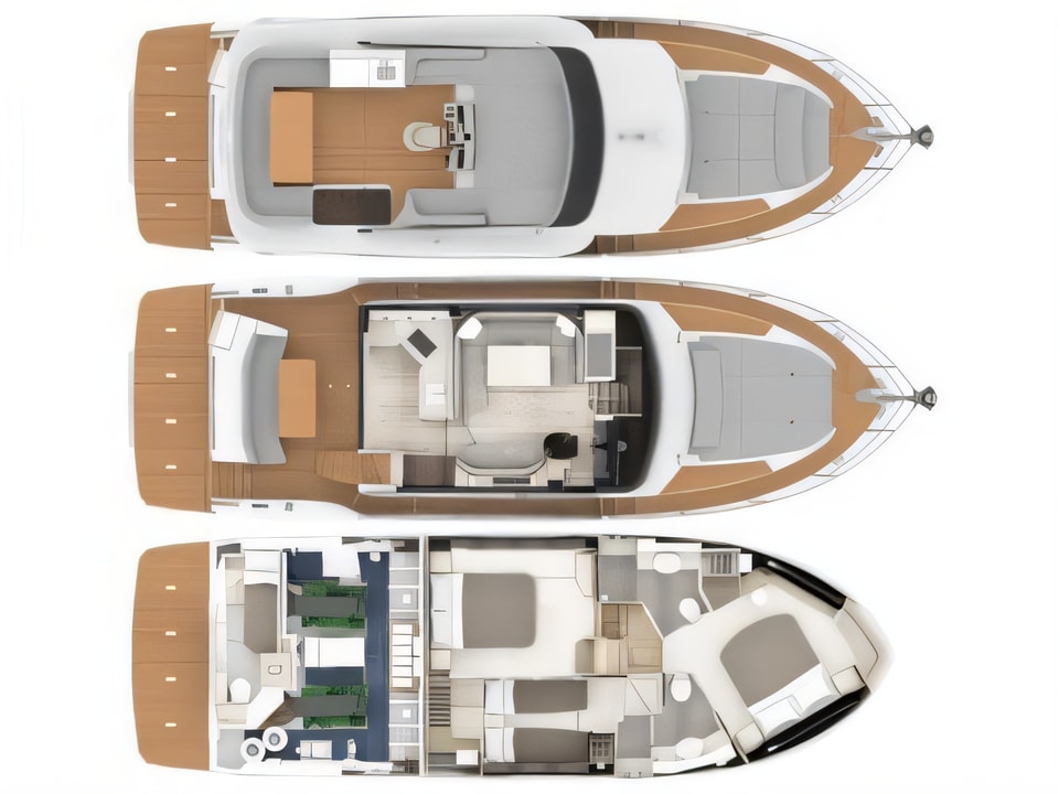 Layout of Navetta 48 motoryacht with 3 cabins Croatia yacht charter