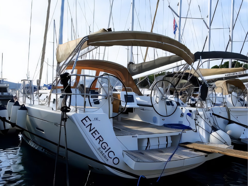 Exterior overview of Dufour 450 Grand Large sail boat for charter from Rogoznica Marina Frapa in the Sibenik sailing area Croatia