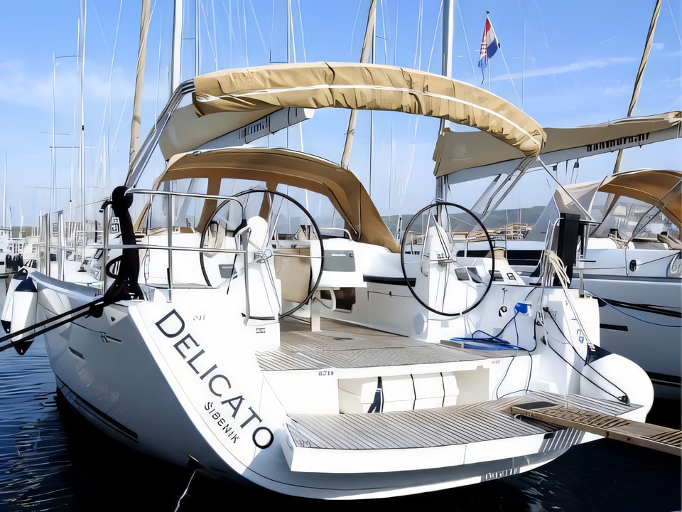 Exterior overview of Dufour 450 Grand Large sail boat for charter from Rogoznica Marina Frapa in the Sibenik sailing area Croatia