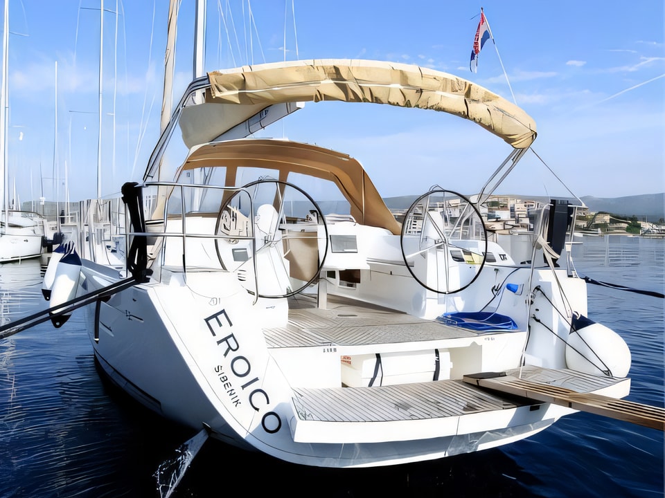 Exterior overview of Dufour 450 Grand Large sail boat for charter from Rogoznica Marina Frapa in the Sibenik sailing area Croatia