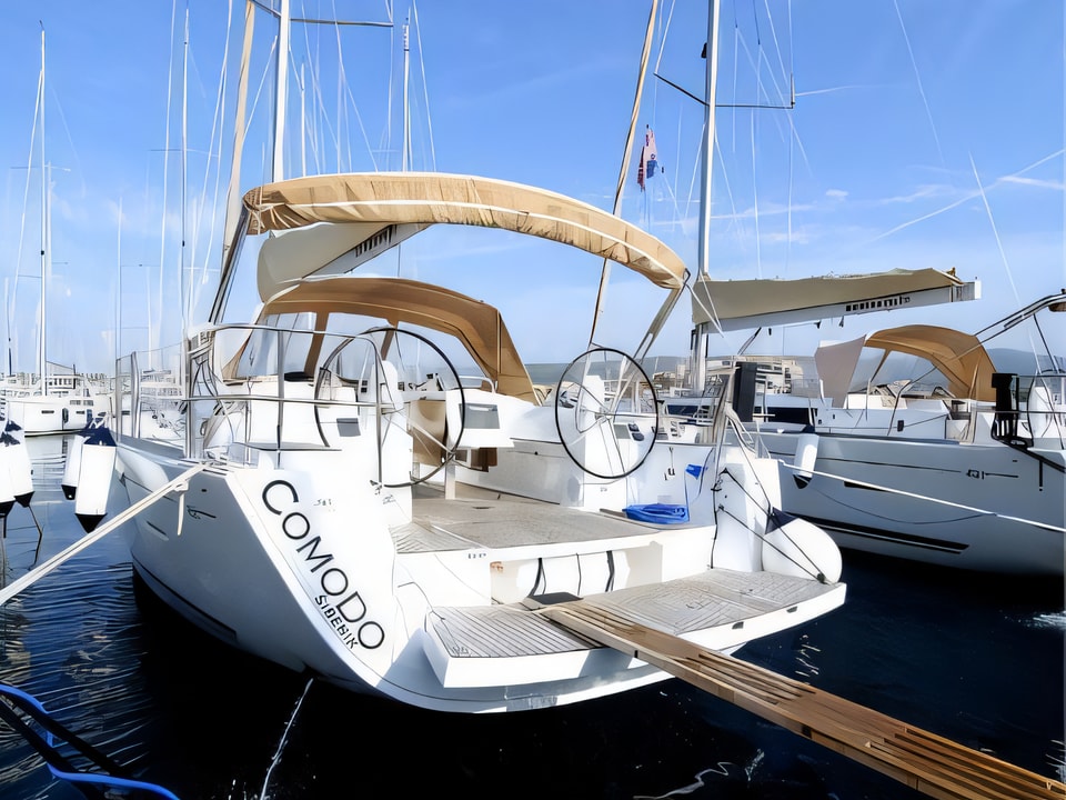 Exterior overview of Dufour 450 Grand Large sail boat for charter from Rogoznica Marina Frapa in the Sibenik sailing area Croatia