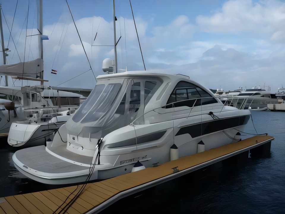 Exterior overview of Bavaria 35 Sport HT motor boat for charter from Sibenik Marina Mandalina in the Sibenik sailing area Croatia