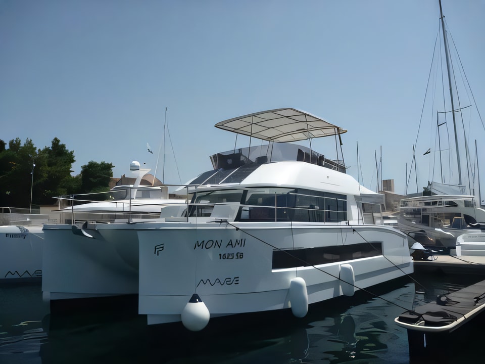 Exterior overview of MY 37- 3 cab. power catamaran for charter from Sibenik Marina Mandalina in the Sibenik sailing area Croatia