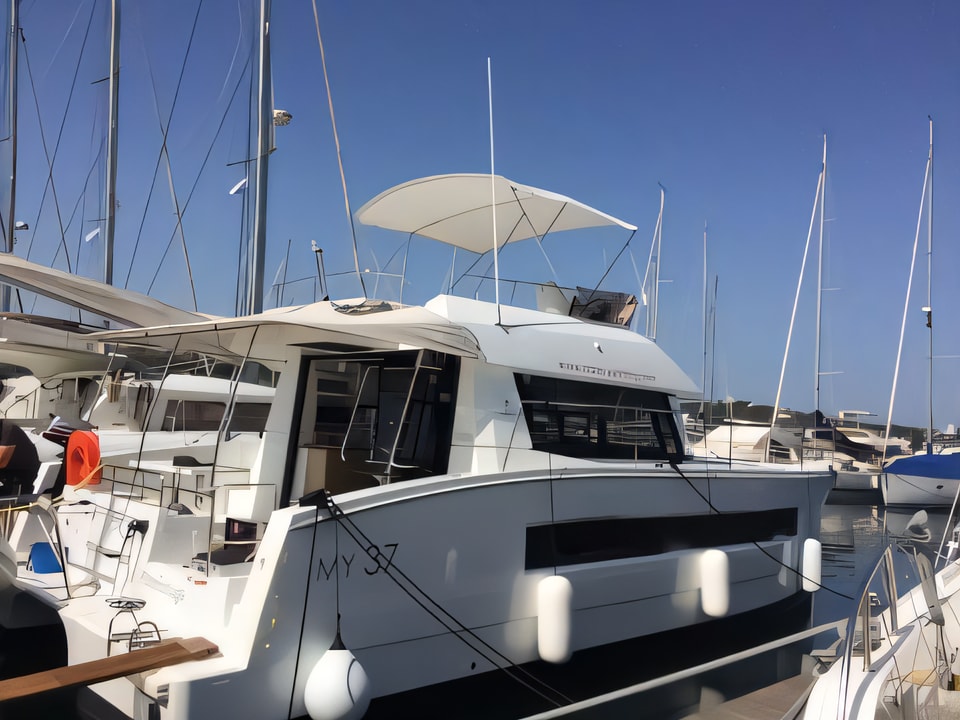 Exterior overview of MY 37- 4. cab. power catamaran for charter from Sibenik Marina Mandalina in the Sibenik sailing area Croatia