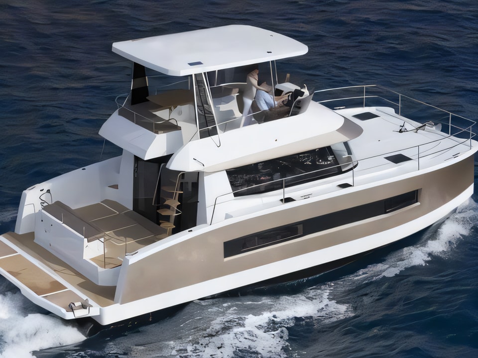 Exterior overview of MY 37- 4. cab. power catamaran for charter from Sibenik Marina Mandalina in the Sibenik sailing area Croatia