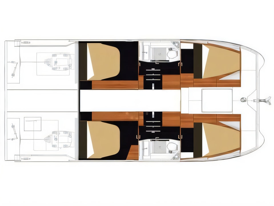 Layout of MY 37- 4. cab. power catamaran with 4 cabins Croatia yacht charter