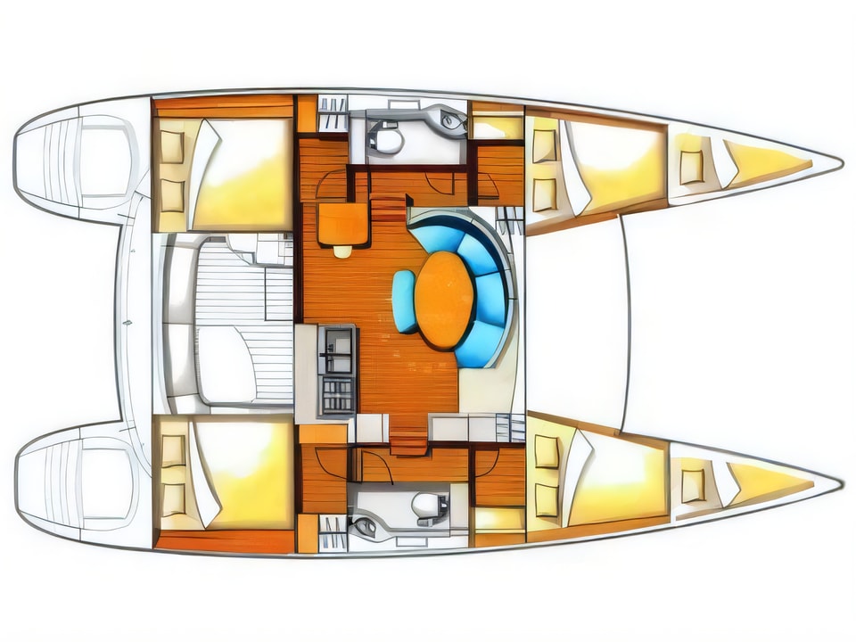 Layout of Lagoon 380 (4+2 cab.) catamaran with 4 cabins Croatia yacht charter