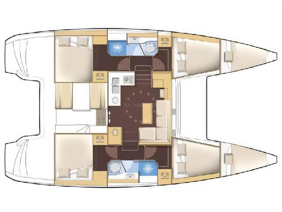 Layout of Lagoon 39 catamaran with 4 cabins Croatia yacht charter